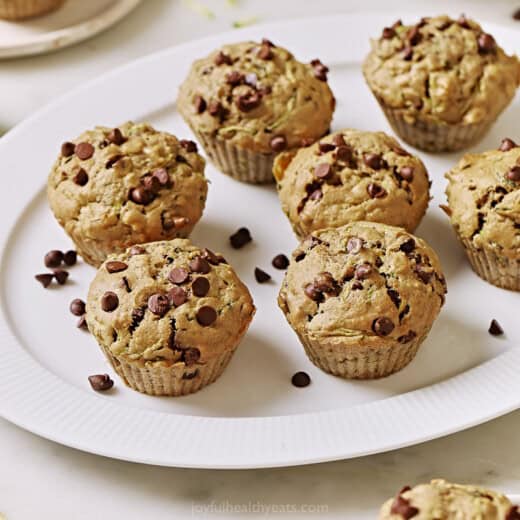 Landscape photo of zucchini chocolate chip muffins.