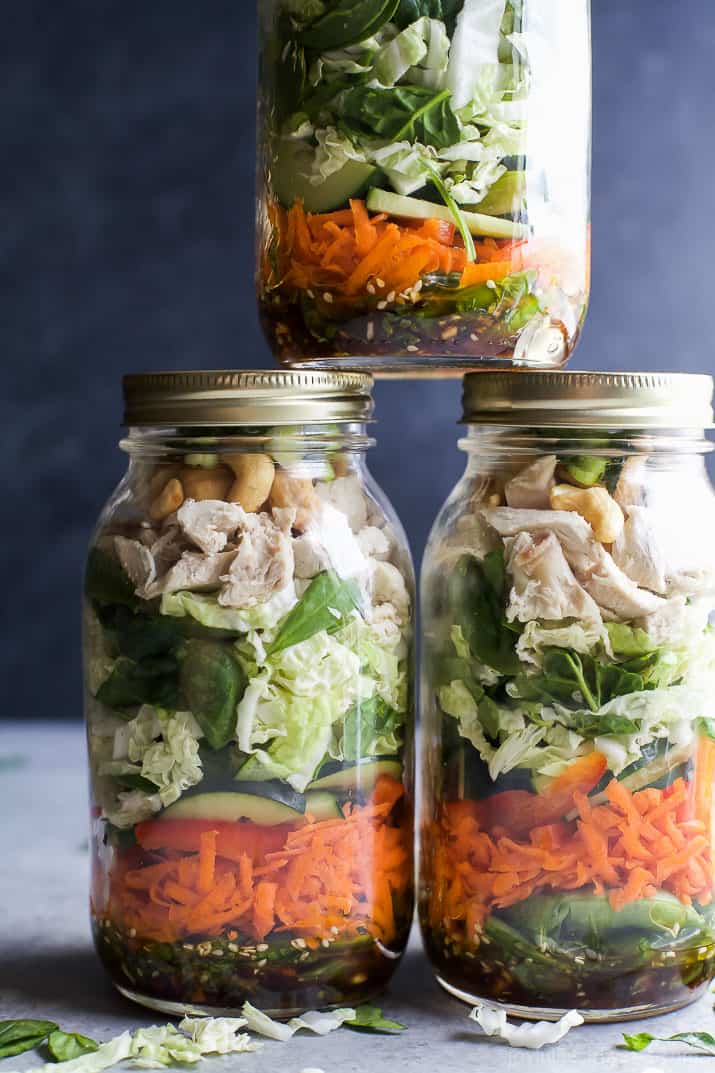 A stack of Asian Chicken Mason Jar salads