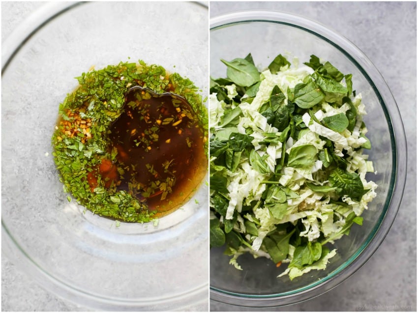 Collage of Asian dressing and shredded lettuce