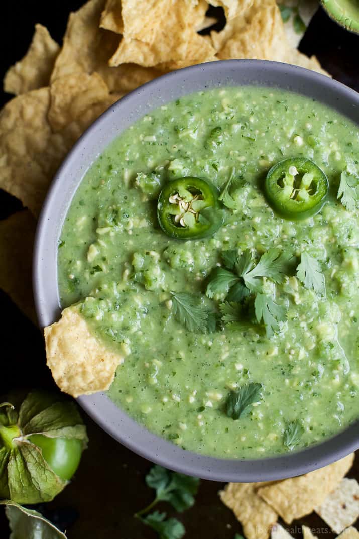 Avocado Salsa Verde with jalapeno slices and fresh cilantro