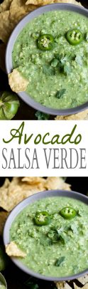 Avocado salsa verde in a bowl with chips