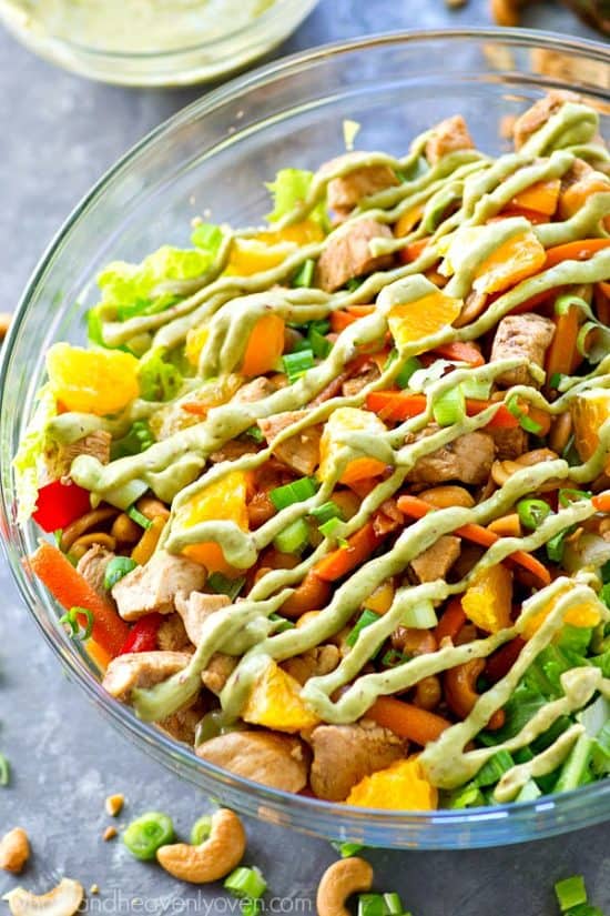 Love cashew chicken? You’re going to love it even more in super-healthy Cashew Chicken salad form with an insane kicked-up chipotle avocado dressing drizzled on top!