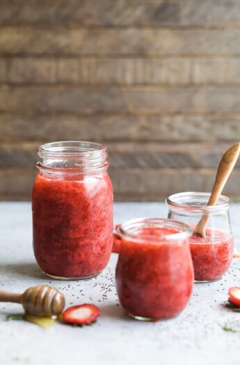 Quick & Easy CHIA VANILLA STRAWBERRY JAM naturally sweetened with honey. This Strawberry Jam Recipe you'll want to slather on everything, plus it's perfect for Strawberry Season! (no pectin) | joyfulhealthyeats.com | gluten free | paleo friendly