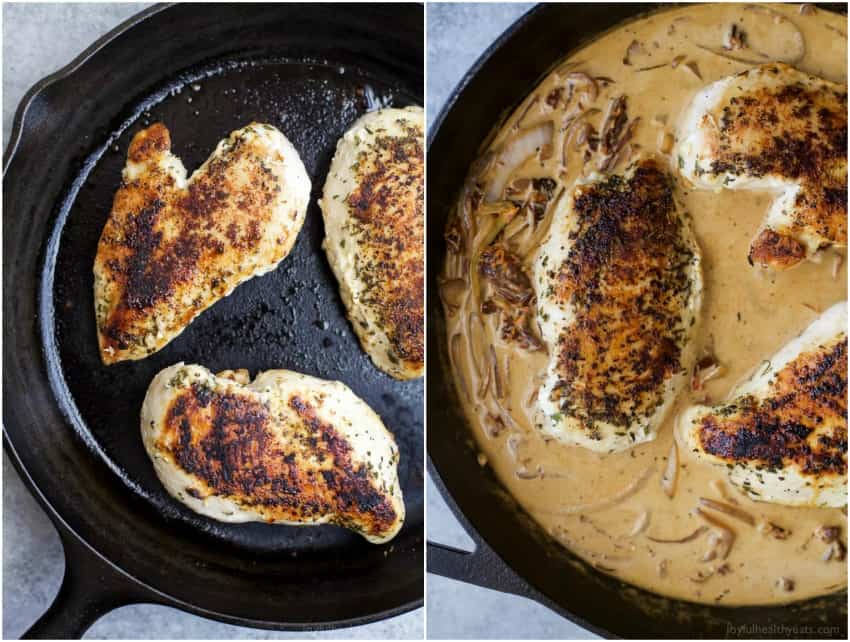 Browned Chicken breasts in a skillet and with creamy sauce added