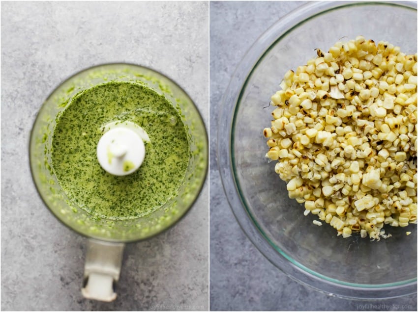 Collage of top view of jalapeno dressing in a food processor and grilled corn in a mixing bowl