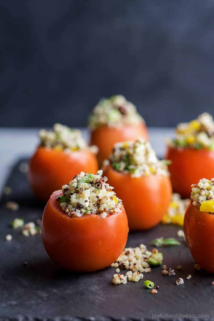 MEDITERRANEAN QUINOA STUFFED TOMATOES - an easy, light, and refreshing vegetarian recipe that's only 142 calories! The perfect side dish for your next summer party! | joyfulhealthyeats.com | gluten free recipes