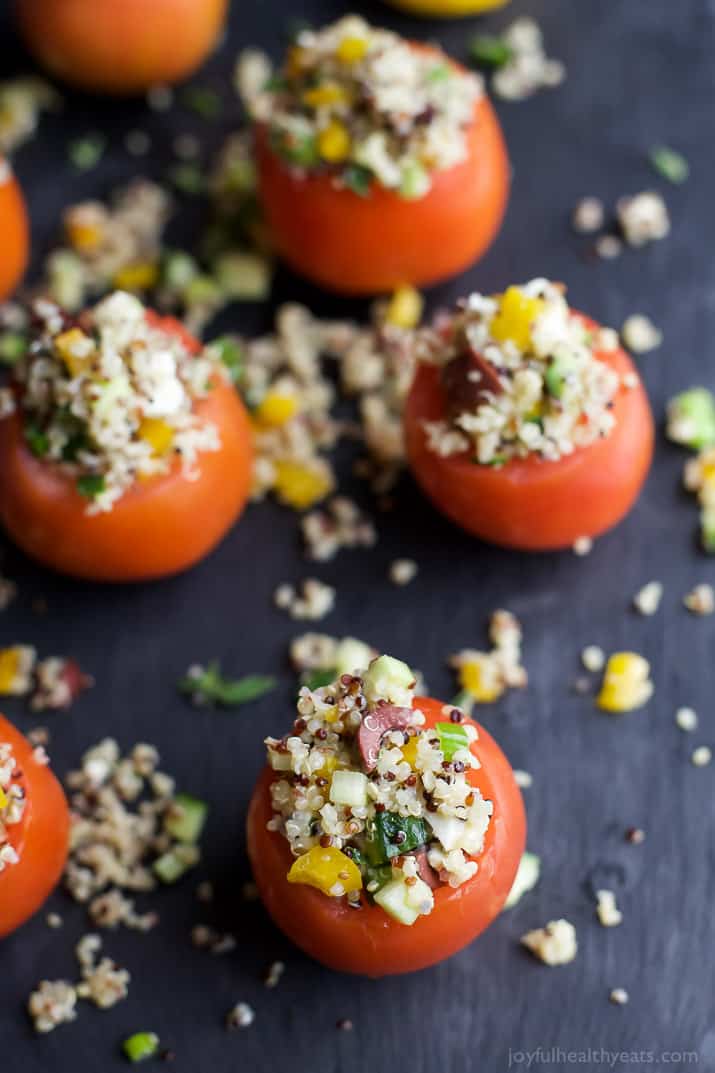 MEDITERRANEAN QUINOA STUFFED TOMATOES - an easy, light, and refreshing vegetarian recipe that's only 142 calories! The perfect side dish for your next summer party! | joyfulhealthyeats.com | gluten free recipes