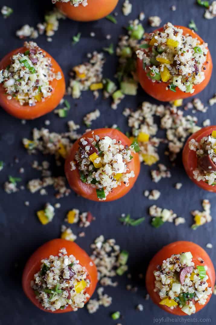 MEDITERRANEAN QUINOA STUFFED TOMATOES - an easy, light, and refreshing vegetarian recipe that's only 142 calories! The perfect side dish for your next summer party! | joyfulhealthyeats.com | gluten free recipes