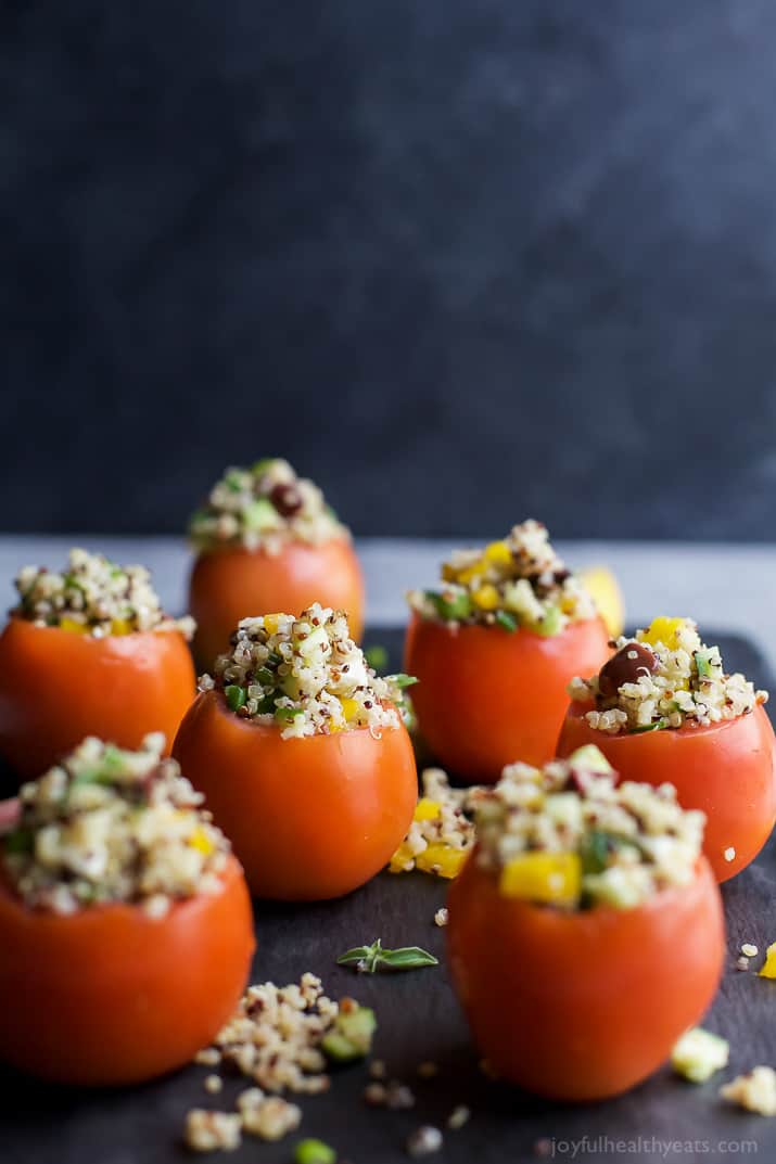 MEDITERRANEAN QUINOA STUFFED TOMATOES - an easy, light, and refreshing vegetarian recipe that's only 142 calories! The perfect side dish for your next summer party! | joyfulhealthyeats.com | gluten free recipes