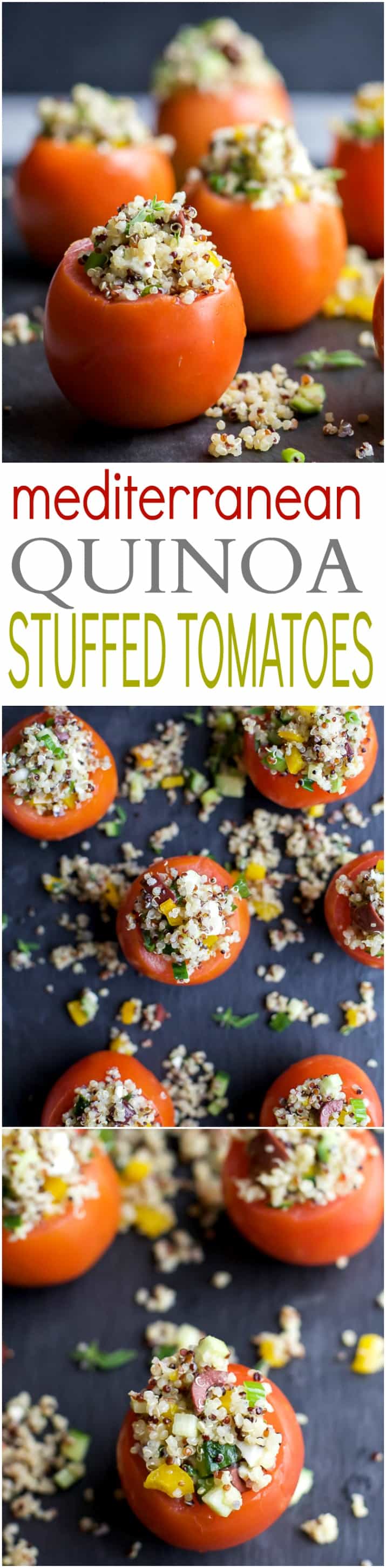 MEDITERRANEAN QUINOA STUFFED TOMATOES - an easy, light, and refreshing vegetarian recipe that's only 142 calories! The perfect side dish for your next summer party! | joyfulhealthyeats.com | gluten free recipes