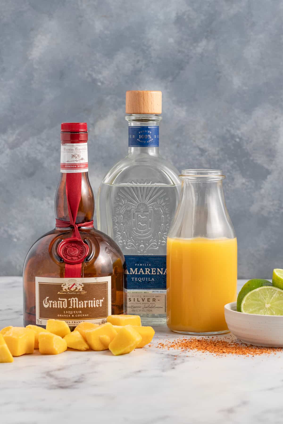 Ingredients for frozen mango margarita. 