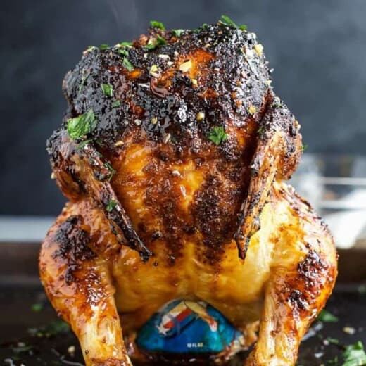 Beer can chicken on a sheet pan.