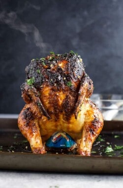 Beer can chicken on a sheet pan.