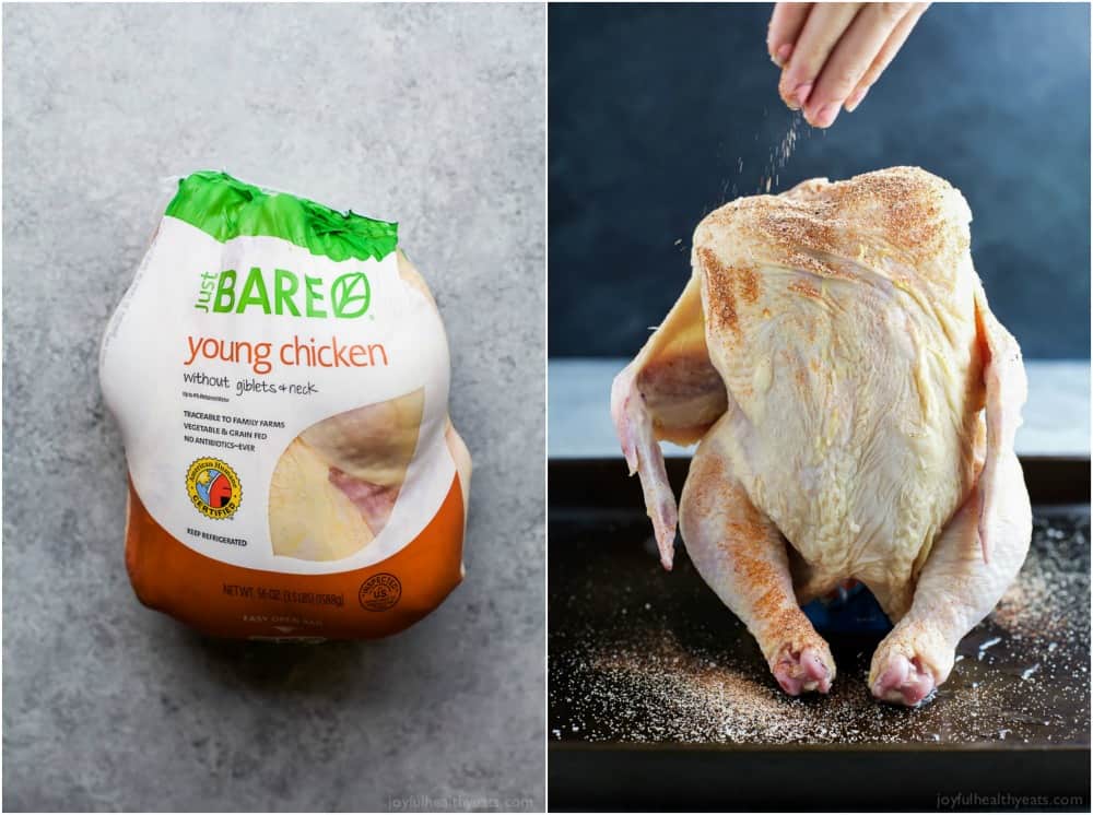 Whole Raw chicken in a package and standing upright on a baking sheet with seasonings