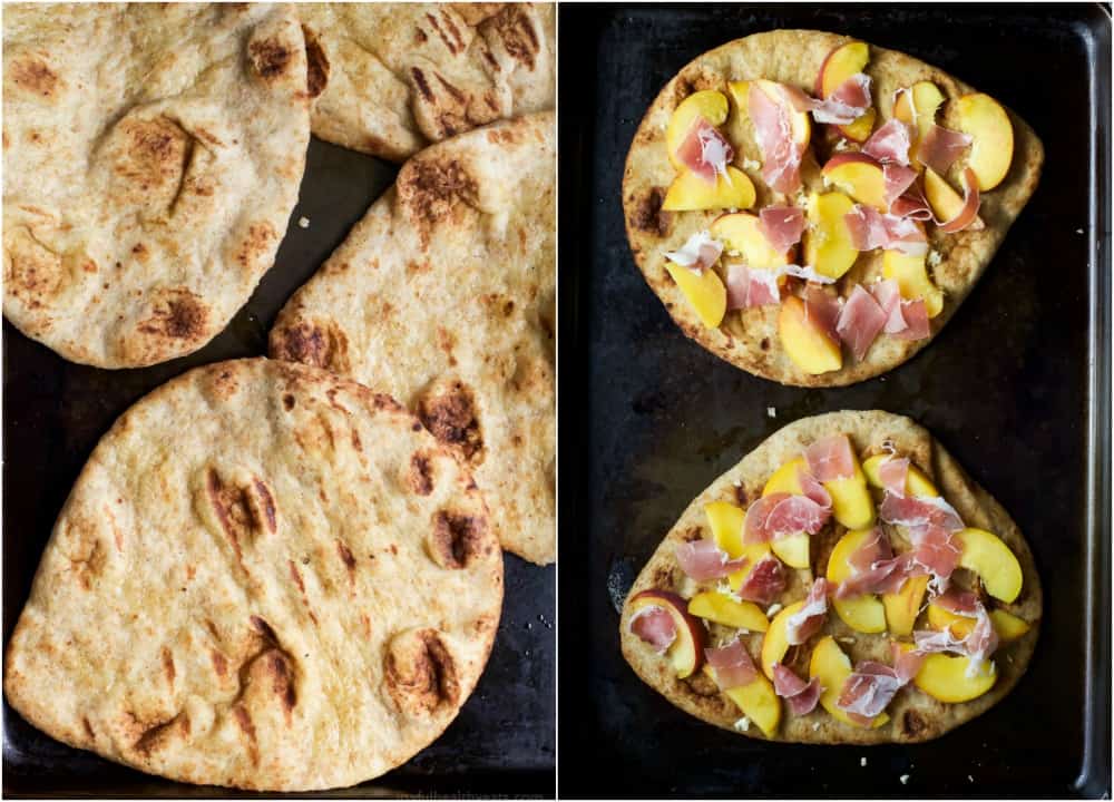 Collage of plain flatbread and Grilled Flatbread Pizza topped with Peaches, Prosciutto, Goat Cheese, and fresh Basil