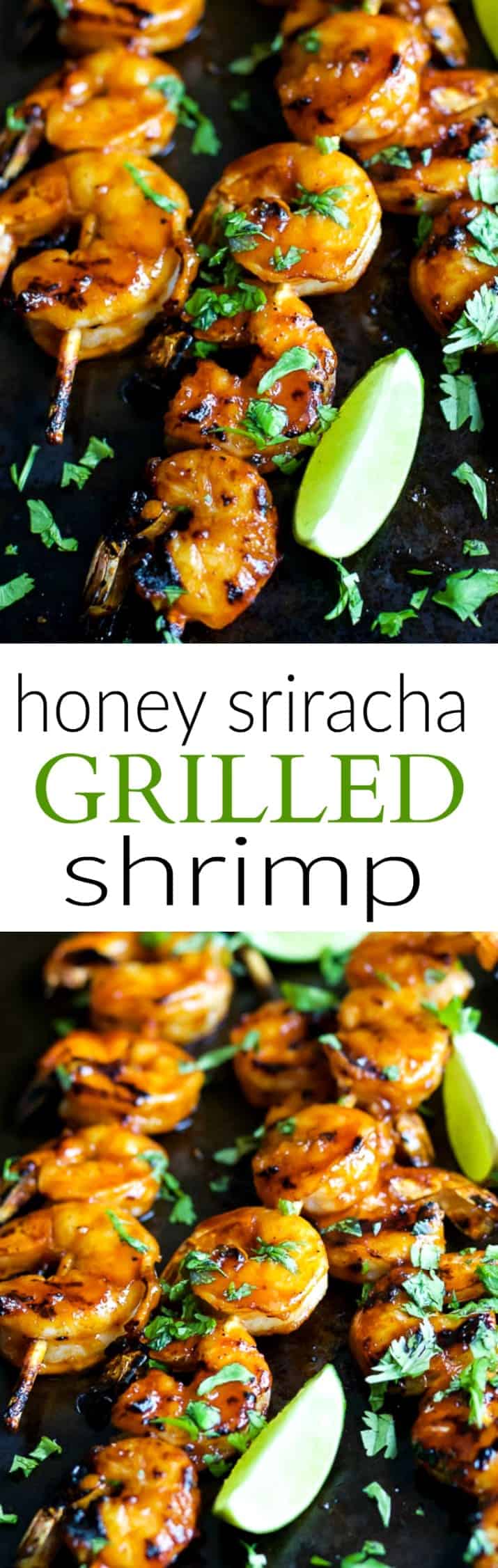 A collage of two images of honey sriracha shrimp with a lime wedge and chopped parsley