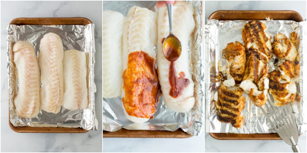 Overhead view of the steps to make seasoned, grilled white fish for tacos