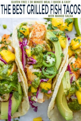 pinterest image for the best grilled fish tacos with mango salsa