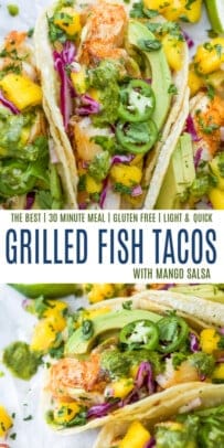 pinterest image for the best grilled fish tacos with mango salsa