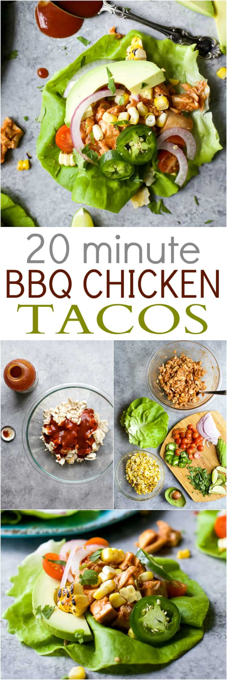 20 Minute BBQ Chicken Tacos with a short cut you're gonna love. This Chicken Tacos are loaded with light fresh flavors and are less than 300 calories a serving! #glutenfree