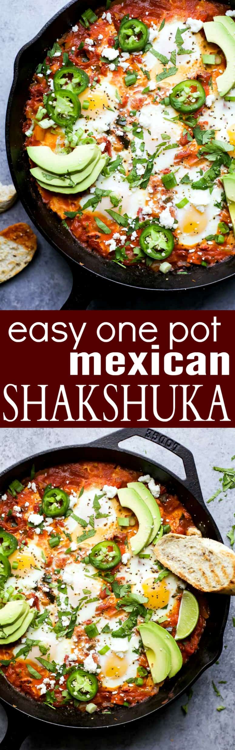 A collage of two images of Mexican shakshouka in a black skillet