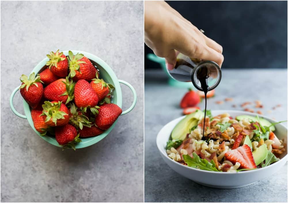 Easy Strawberry Avocado Pasta Salad tossed with fresh arugula, bacon, and a balsamic vinaigrette. The perfect pasta salad for those summer nights! | #ad | gluten free recipes