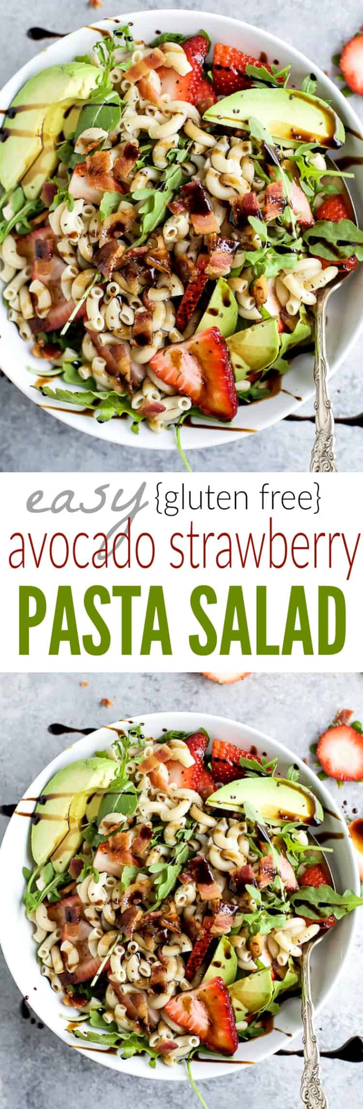 Easy Strawberry Avocado Pasta Salad tossed with fresh arugula, bacon, and a balsamic vinaigrette. The perfect pasta salad for those summer nights! | #ad | gluten free recipes