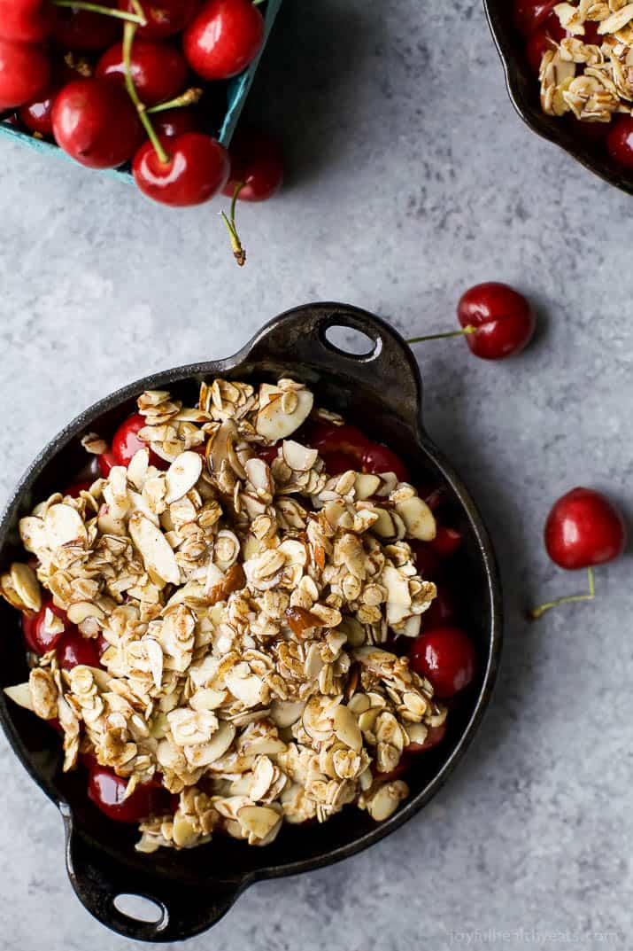 Top view of Cherry Crisp in a cast-iron pan