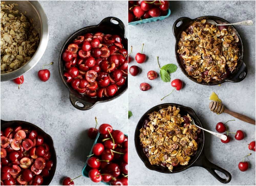 Collage of Cherry Crisp during and after preparation
