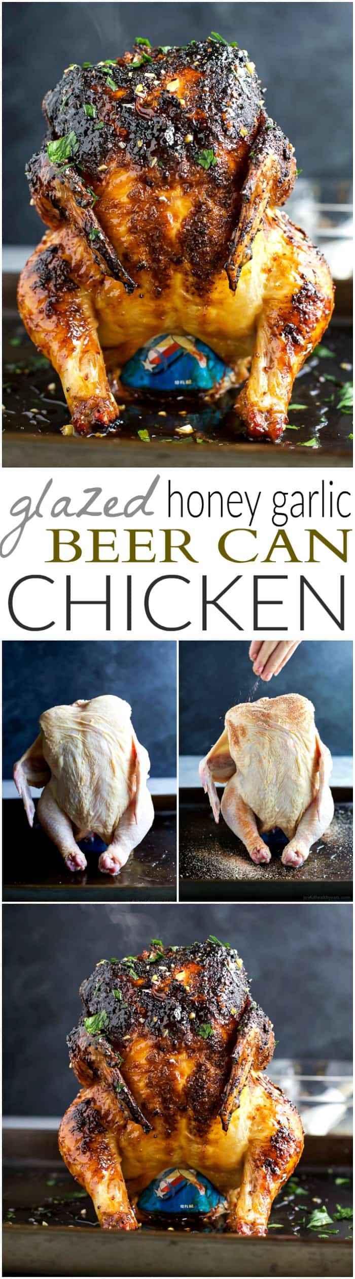 Recipe collage for Glazed Honey Garlic Beer Can Chicken