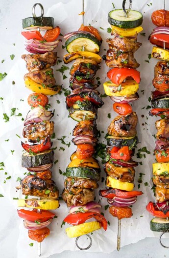 overhead photo of the best ever balsamic grilled chicken kabobs lying on a table