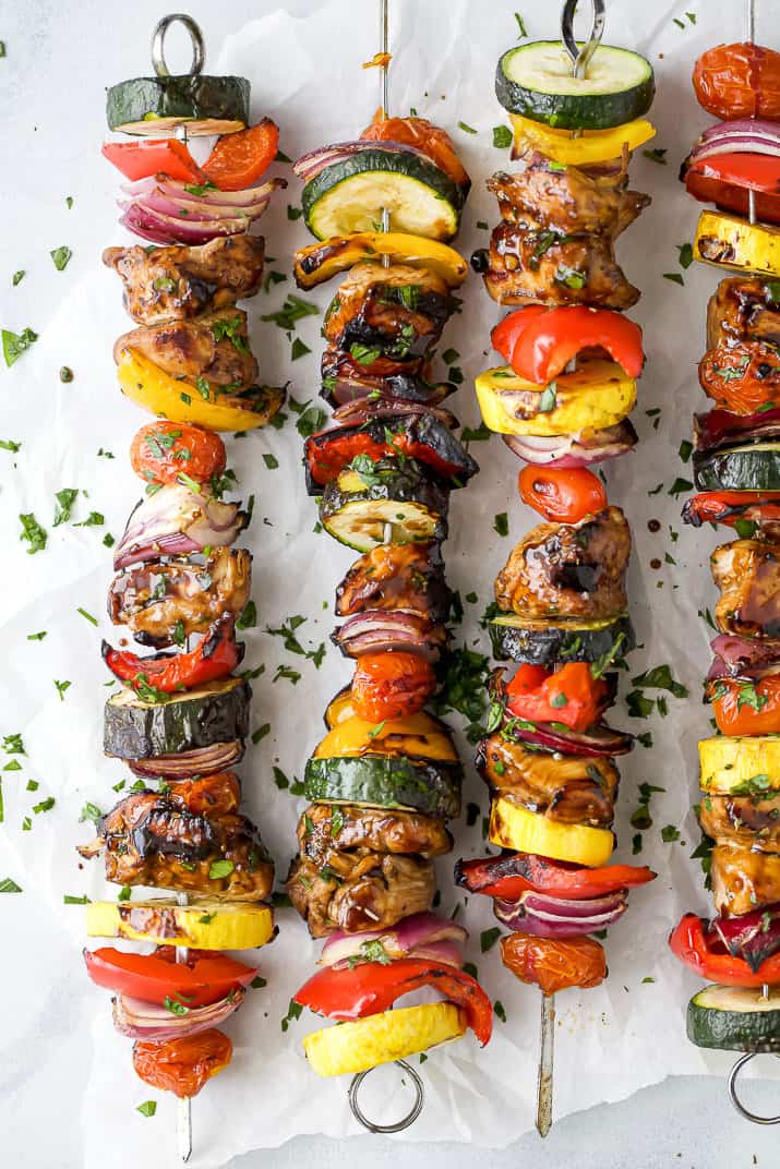 overhead photo of the best ever balsamic grilled chicken kabobs lying on a table