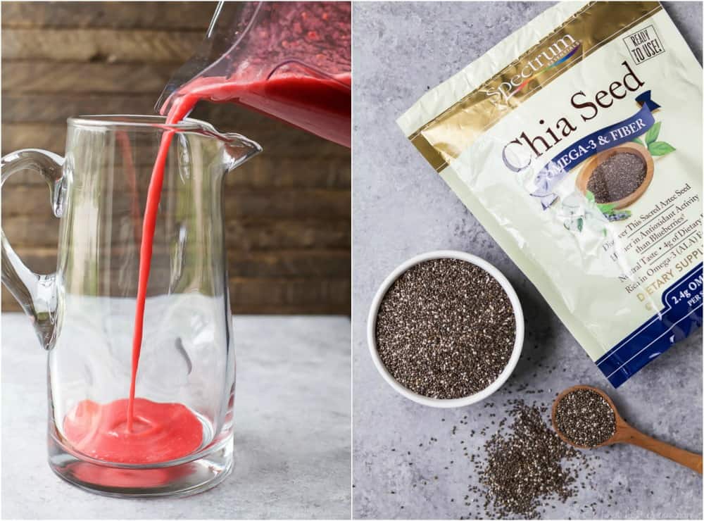 Collage of Chia Raspberry Lemonade Spritzer being poured in a pitcher and a package of Chia Seed