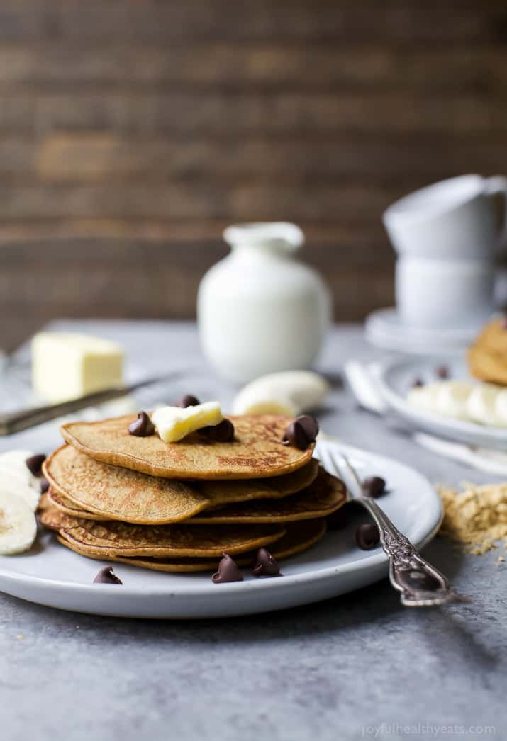 A Stack of Flourless Peanut Chocolate Chip Pancakes on a plate