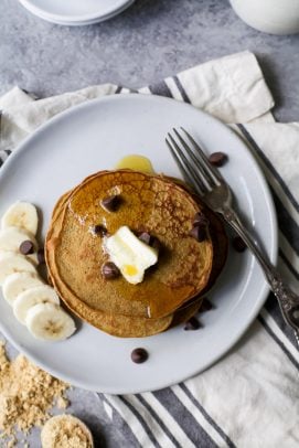 Image of Flourless Peanut Chocolate Chip Pancakes with Banana Slices