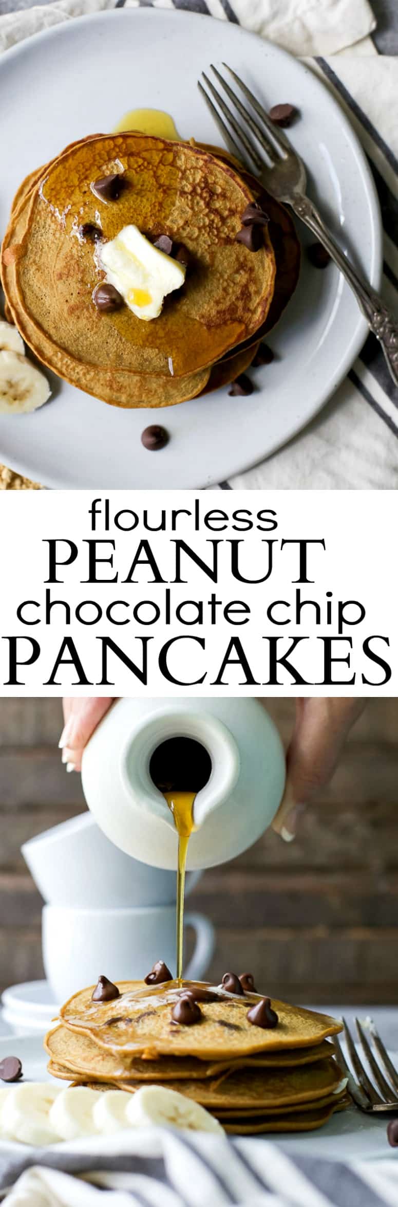 Recipe collage for Flourless Peanut Chocolate Chip Pancakes