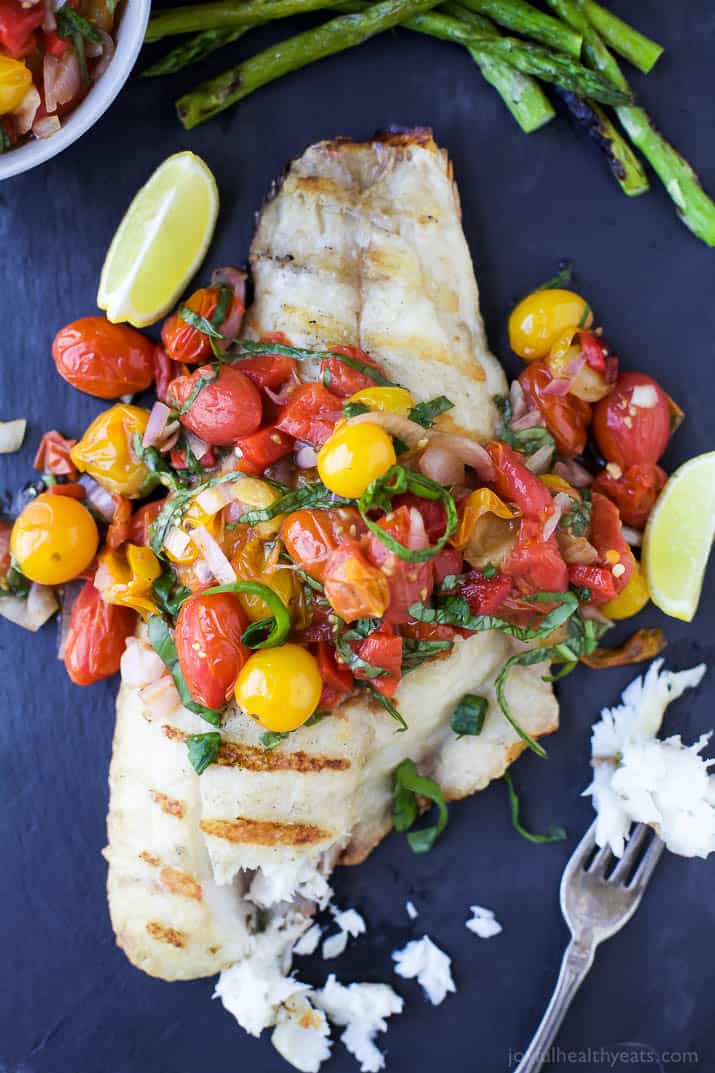 Top view of Grilled Red Snapper topped with a Roasted Red Pepper and Charred Tomato Relish