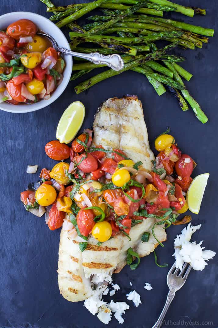 Top view of Grilled Red Snapper topped with a Roasted Red Pepper and Charred Tomato Relish