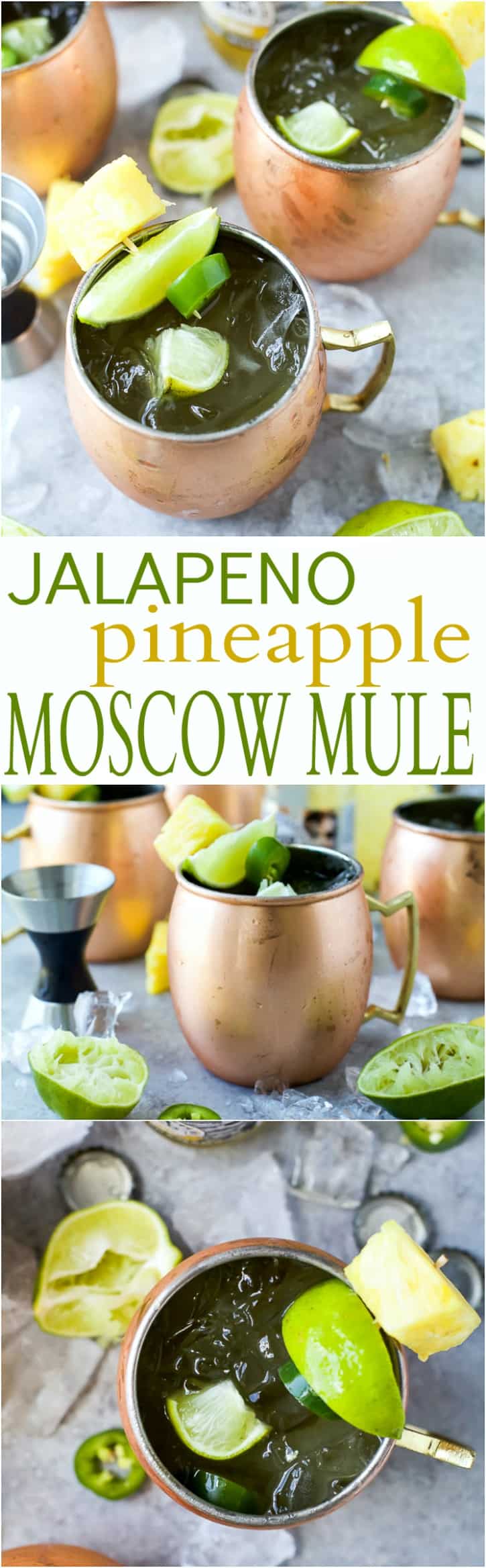 A Pineapple infused Moscow Mule topped with Jalapeno for a spicy kick. This refreshing sip will be your new favorite cocktail this summer!