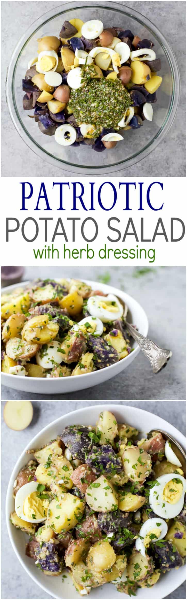 Patriotic Potato Salad made with red, white, and blue potatoes then covered with a easy light Herb Vinaigrette. The perfect side dish to bring to your next party!