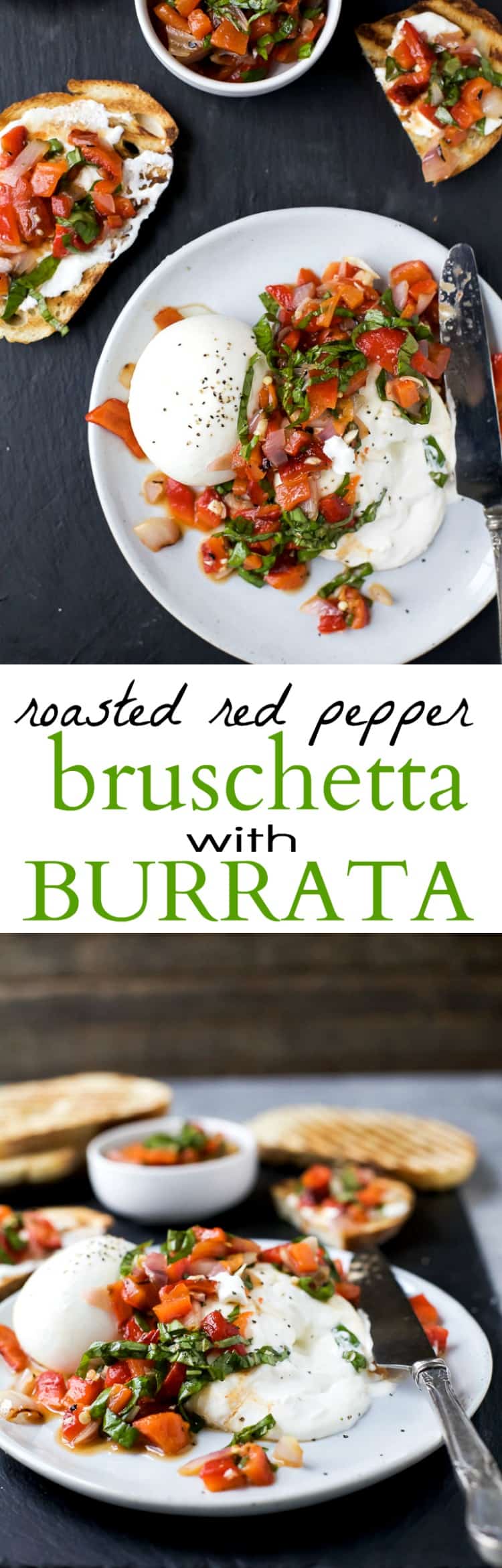 Roasted Red Pepper Bruschetta with Burrata - an easy summer appetizer that's light and fresh! Guaranteed to wow the crowd! I mean, who doesn't like creamy burrata! | grilling recipes