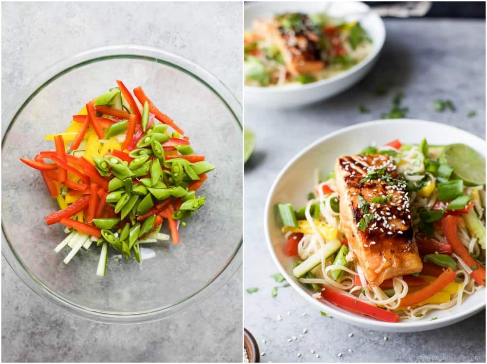 Easy Teriyaki Salmon served on a bed of Asian Noodles made with brown rice noodles, fresh veggies and a homemade Asian Sesame Dressing! A light, simple refreshing recipe for the summer! | gluten free recipes
