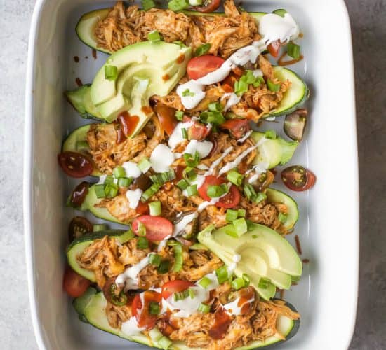 30 Minute BBQ Chicken Zucchini Boats - loaded with flavor, low in calories and high in protein. The perfect easy healthy recipe for a quick weeknight dinner your family will love!