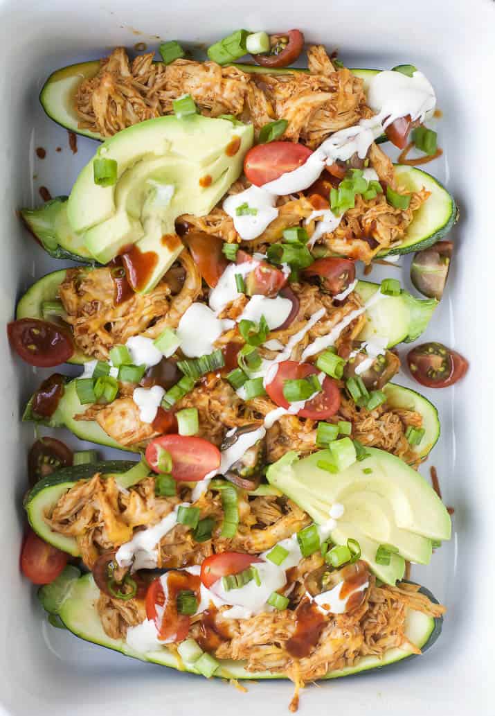 BBQ Chicken Zucchini Boats in a baking dish