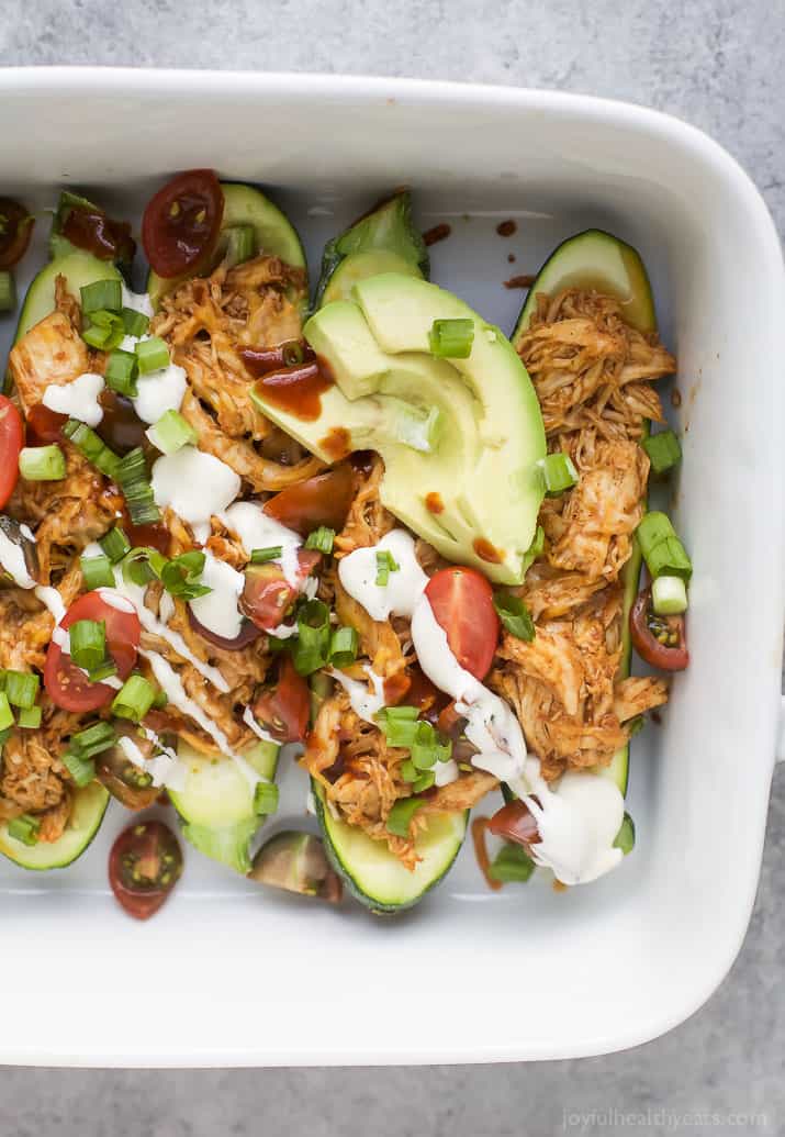 BBQ Chicken Zucchini Boats in a baking dish