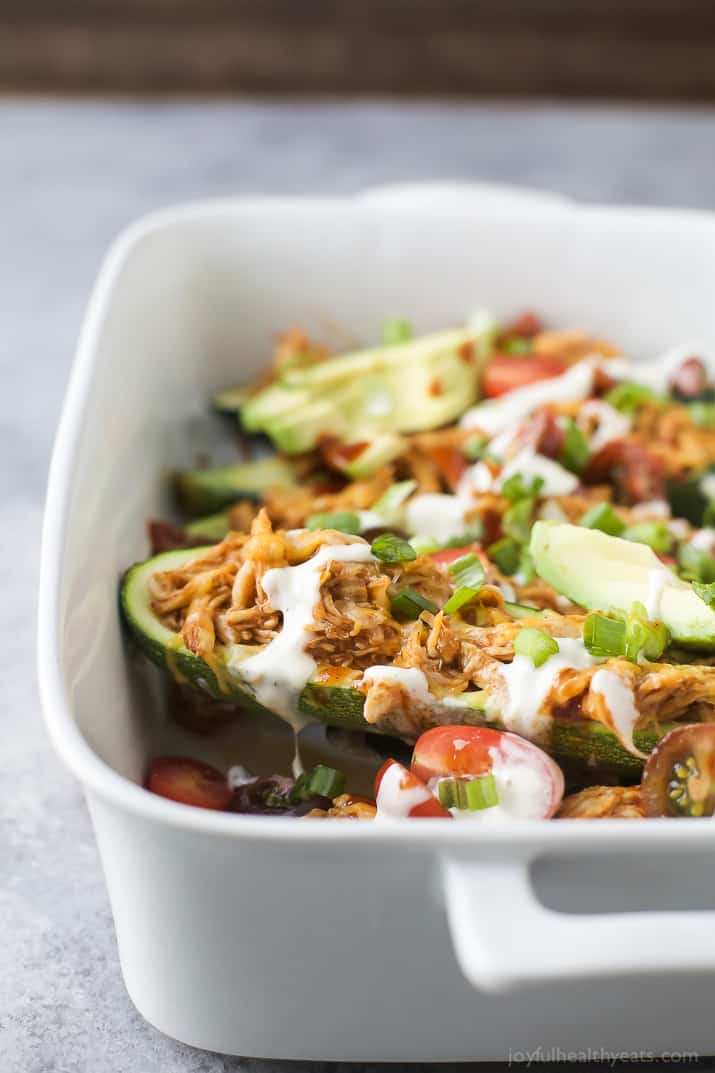 BBQ Chicken Zucchini Boats in a baking dish