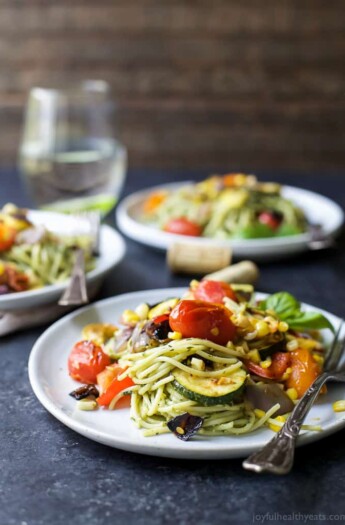3 plates of Basil Pesto Pasta tossed with fresh Grilled Vegetables
