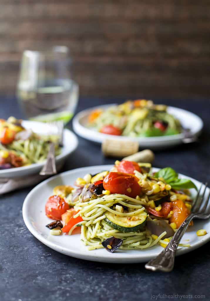 Basil Pesto Pasta tossed with fresh Grilled Vegetables on a plate