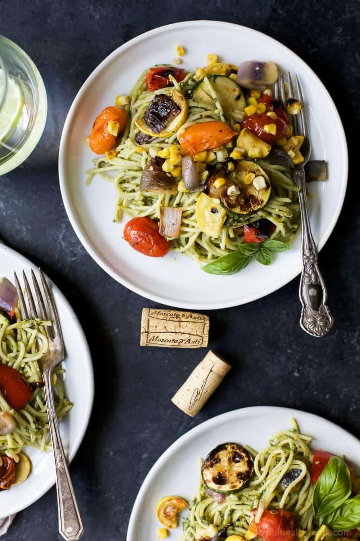 Basil Pesto Pasta tossed with fresh Grilled Vegetables on a plate