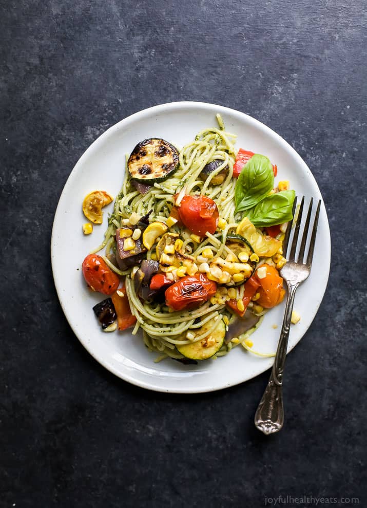 Top view of Basil Pesto Pasta tossed with fresh Grilled Vegetables